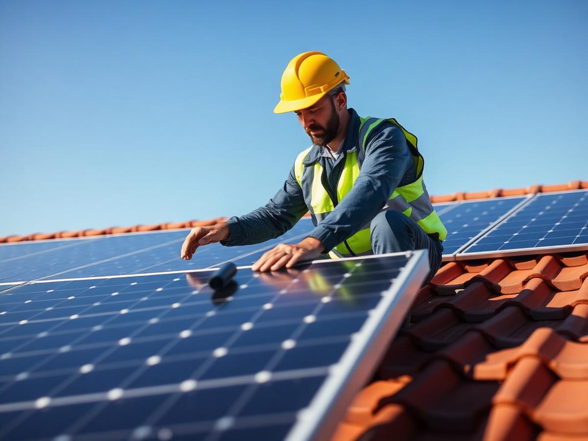 Técnico instalando painéis solares